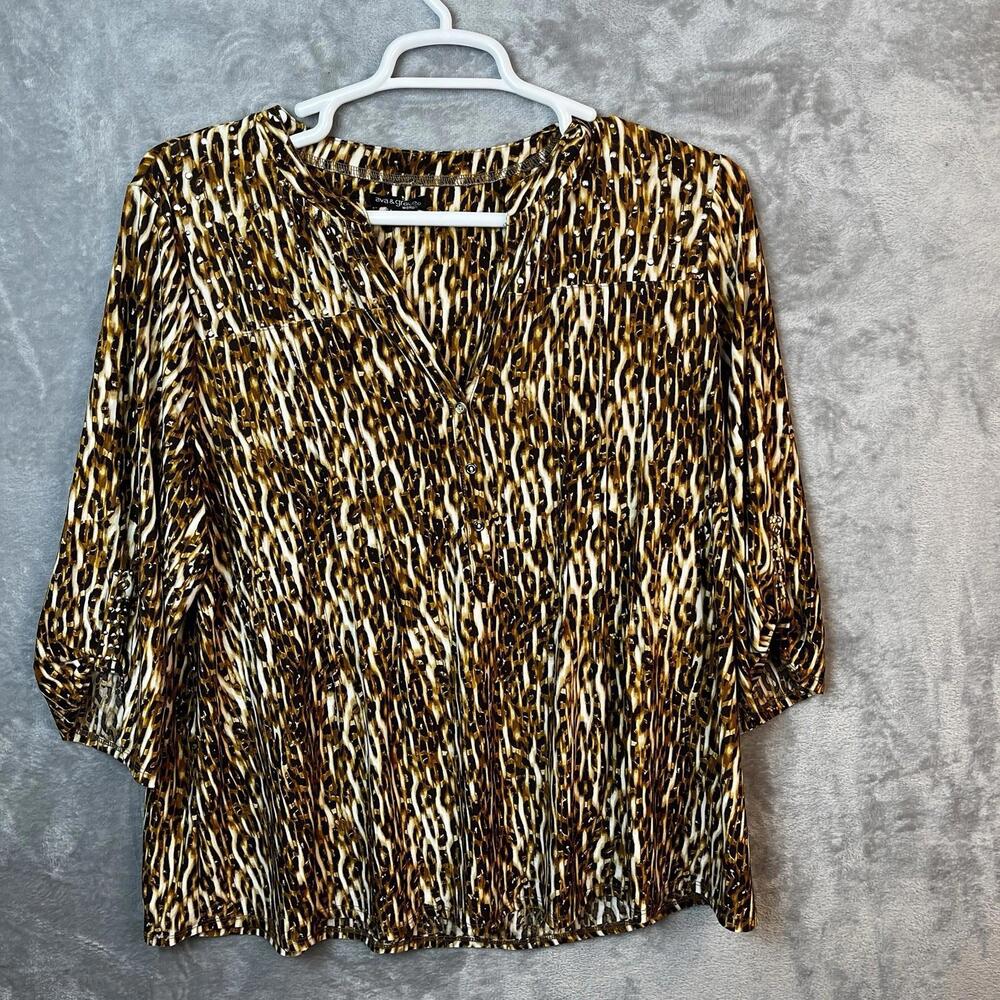 Ava & Grace Women Top Size 2XL Animal Print Tunic Roll Tab Sleeve Embellishments